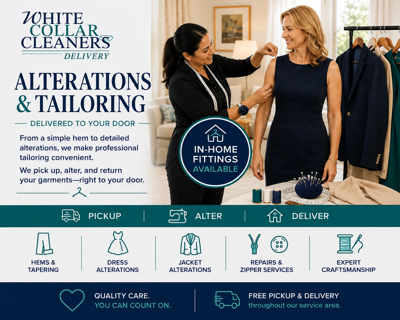 Professional alterations and tailoring by White Collar Cleaners — in-home fittings, dress and jacket alterations, hems, tapering, and repairs with free pickup and delivery